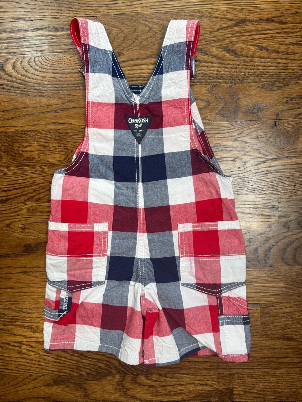 OshKosh B'gosh Kids Red, White & Blue Plaid Short Overalls Shortalls Size 2T